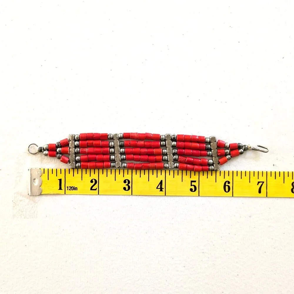 VTG Mexico Red Dyed Bone Bovine Bead Bracelet 5-Strand Ethnic Tribal Silver Tone
